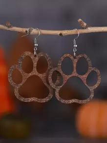 Wooden Paw Drop Earrings - Brown - View 1