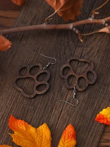 Wooden Paw Drop Earrings - Brown - View 4