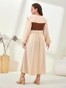 Mulvari Plus Colourblock Bishop Sleeve Belted Dress - Beige - View 2