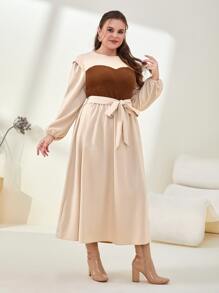 Mulvari Plus Colourblock Bishop Sleeve Belted Dress - Beige - View 1
