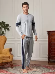 Manfinity Underwear&Sleepwear Basics 男士条纹印花睡衣套装/家居服套装，秋冬服装