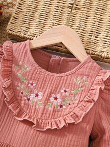 SHEIN Toddler Girls Floral Embroidery Ruffle Trim Dress - Pink - View 3