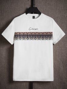 Manfinity BRENVOR 男士T恤，合身圓領短袖圖案T卹，地理圖形款式，夏季休閒時尚男裝 - 白色 - 查看 1