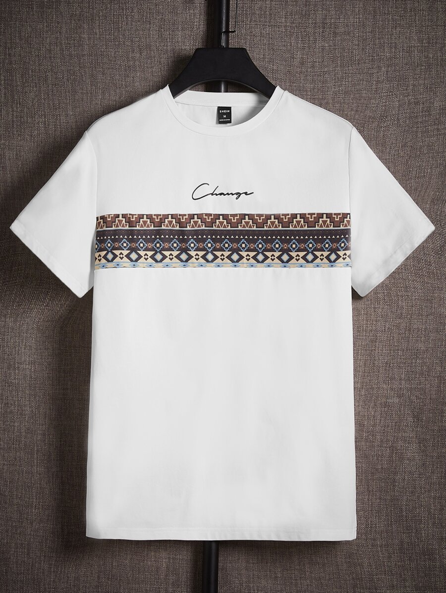 Manfinity BRENVOR 男士T恤，合身圓領短袖圖案T卹，地理圖形款式，夏季休閒時尚男裝 - 白色 - 查看 1