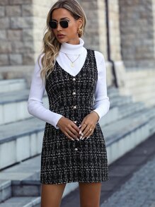 Chiquease Plaid Single Breasted Tweed Dress Without Sweater