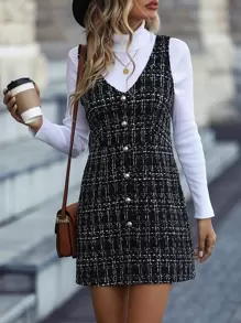 Chiquease Plaid Single Breasted Tweed Dress Without Sweater