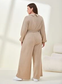 Mulvari Plus Letter Patched Drop Shoulder Belted Jumpsuit - Khaki - View 2