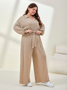 Mulvari Plus Letter Patched Drop Shoulder Belted Jumpsuit - Khaki - View 4