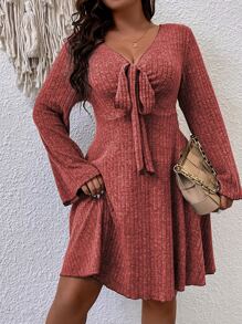 SHEIN LUNE Plus Knot Front Trumpet Sleeve Dress - Redwood - View 5