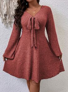 SHEIN LUNE Plus Knot Front Trumpet Sleeve Dress - Redwood - View 6