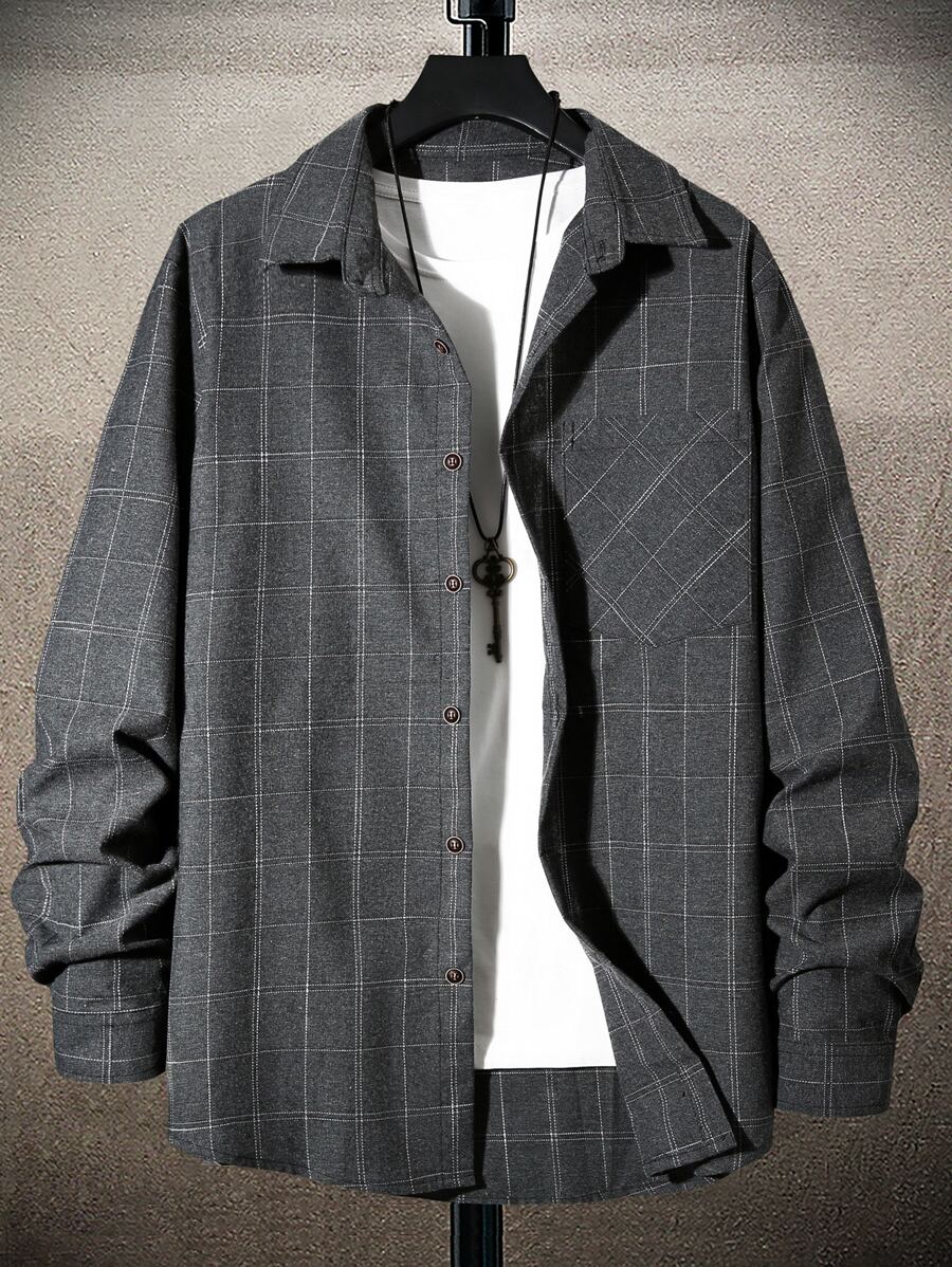 Manfinity Homme 男士格紋印花襯衫不帶T恤 - 深灰色 - 查看 1