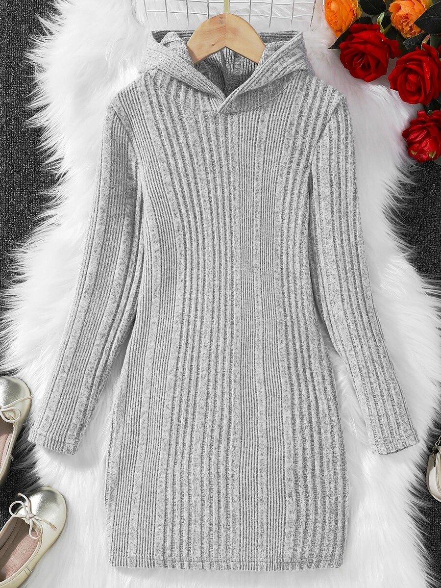 Niñas Vestido con capucha tejido de canalé - Gris - Ver 1