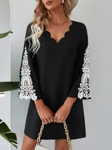 SHEIN Clasi Contrast Guipure Lace Scallop Trim Tunic Dress - Black - View 1
