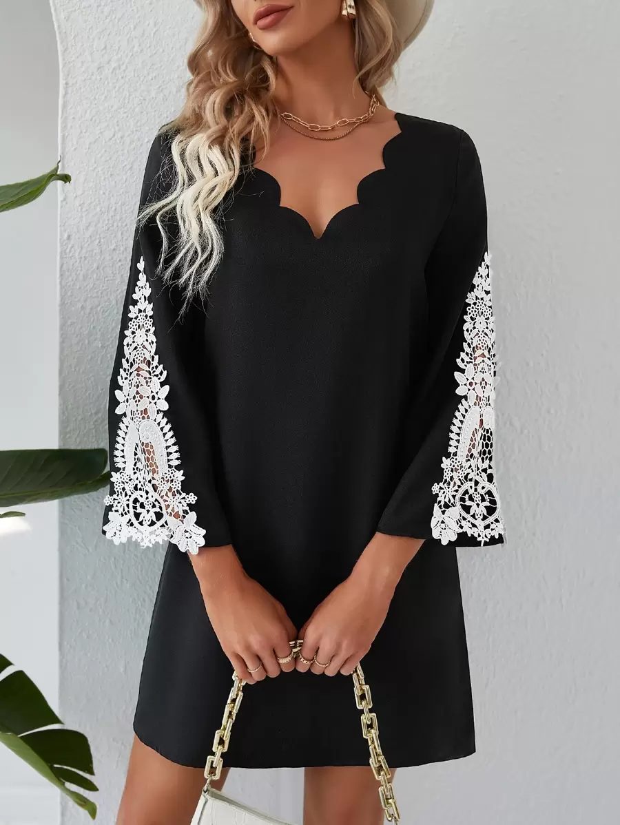 SHEIN Clasi Contrast Guipure Lace Scallop Trim Tunic Dress - Black - View 1