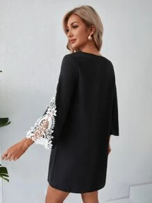 SHEIN Clasi Contrast Guipure Lace Scallop Trim Tunic Dress - Black - View 2