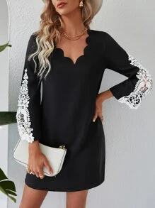 SHEIN Clasi Contrast Guipure Lace Scallop Trim Tunic Dress - Black - View 4