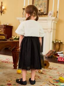 Toddler Girls Colourblock Contrast Mesh Dress & Puff Sleeve Fuzzy Coat - Black and White - View 2