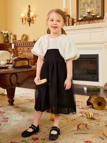 Toddler Girls Colourblock Contrast Mesh Dress & Puff Sleeve Fuzzy Coat - Black and White - View 5