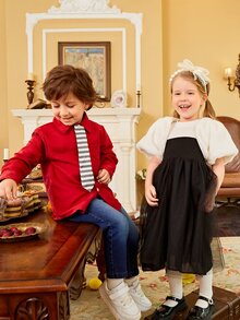 Toddler Girls Colourblock Contrast Mesh Dress & Puff Sleeve Fuzzy Coat - Black and White - View 6