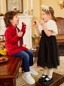 Toddler Girls Colourblock Contrast Mesh Dress & Puff Sleeve Fuzzy Coat - Black and White - View 7