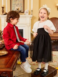 Toddler Girls Colourblock Contrast Mesh Dress & Puff Sleeve Fuzzy Coat - Black and White - View 8