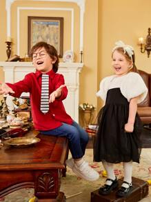 Toddler Girls Colourblock Contrast Mesh Dress & Puff Sleeve Fuzzy Coat - Black and White - View 9