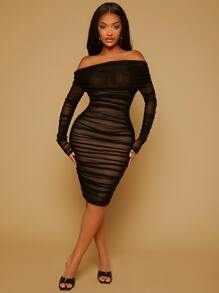 SHEIN SXY Off Shoulder Ruched Mesh Bodycon Dress - Multicolor - View 4