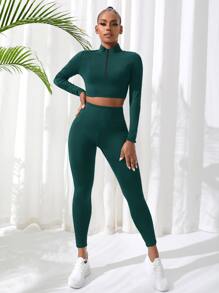 Easithlete 2pcs Fitness Yoga Set Sports Suit Half Zip Top Tummy Control Leggings - Dark Green - View 3