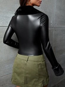 SHEIN ICON Borg Collar Zipper Crop PU Leather Jacket In Fall/Winter - Black - View 2