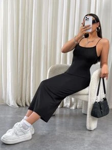 SHEIN EZwear 素色吊帶緊身洋裝 - 黑色 - 查看 1