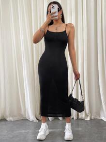 SHEIN EZwear 素色吊帶緊身洋裝 - 黑色 - 查看 3
