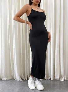 SHEIN EZwear 素色吊帶緊身洋裝 - 黑色 - 查看 5