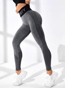 SHEIN Yoga Basic 字母圖案拼接寬腰帶運動打底褲 - 深灰色 - 查看 2