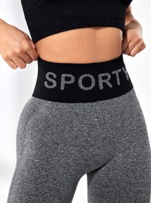 SHEIN Yoga Basic 字母圖案拼接寬腰帶運動打底褲 - 深灰色 - 查看 3