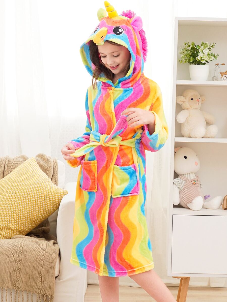 Toddler Girls Rainbow Stripe 3D Unicorn Design Hooded Belted Flannel Robe - Multicolor - View 1