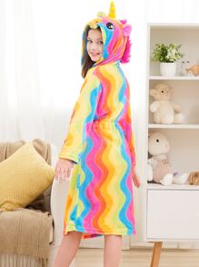 Toddler Girls Rainbow Stripe 3D Unicorn Design Hooded Belted Flannel Robe - Multicolor - View 3