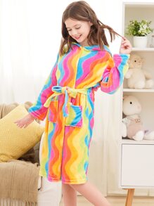 Toddler Girls Rainbow Stripe 3D Unicorn Design Hooded Belted Flannel Robe - Multicolor - View 5