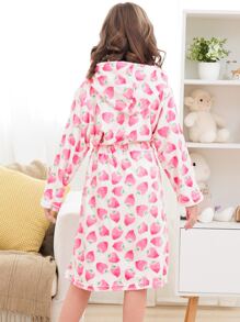Girls Strawberry Pattern Hooded Belted Flannel Robe - Pink - View 2