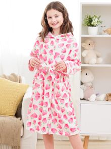 Girls Strawberry Pattern Hooded Belted Flannel Robe - Pink - View 6