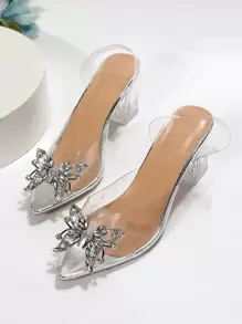 Fall/Winter Rhinestone & Butterfly Decor Clear Chunky Heeled Slingback Pumps, Elegant, Party - Clear - View 1