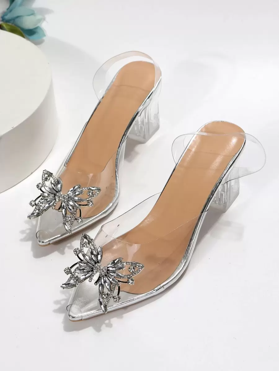 Fall/Winter Rhinestone & Butterfly Decor Clear Chunky Heeled Slingback Pumps, Elegant, Party - Clear - View 1