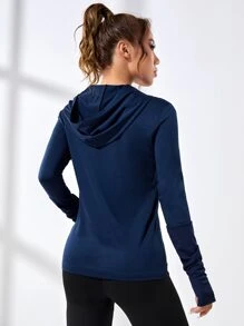 Zip Up Hooded Thumbholes Sports Jacket - Navy Blue - View 2