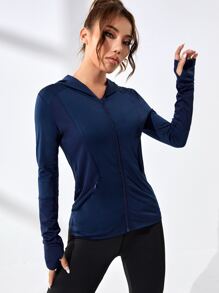 Zip Up Hooded Thumbholes Sports Jacket - Navy Blue - View 3