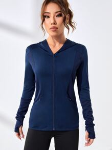 Zip Up Hooded Thumbholes Sports Jacket - Navy Blue - View 5