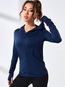 Zip Up Hooded Thumbholes Sports Jacket - Navy Blue - View 6