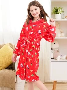 Girls Christmas Print Hooded Belted Flannel Robe - Red - View 1