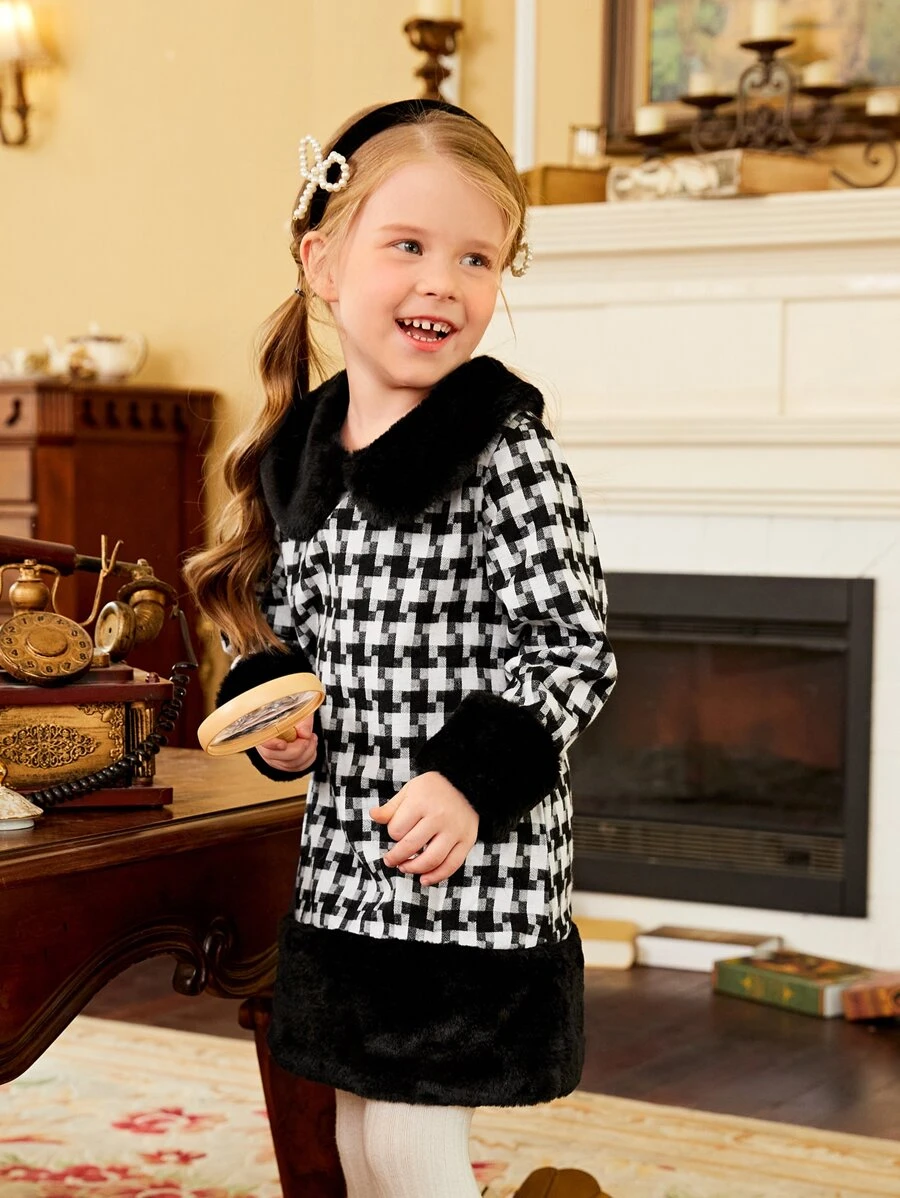 1 pieza Vestido de fiesta Chicas jovenes con patrón de pata de gallo ribete lanudo - Blanco y Negro - Ver 1