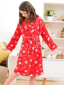 Girls Christmas Print Hooded Belted Flannel Robe - Red - View 4