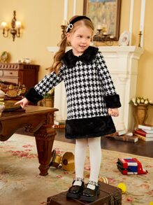 1 pieza Vestido de fiesta Chicas jovenes con patrón de pata de gallo ribete lanudo - Blanco y Negro - Ver 3