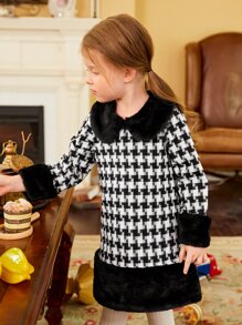 1 pieza Vestido de fiesta Chicas jovenes con patrón de pata de gallo ribete lanudo - Blanco y Negro - Ver 6